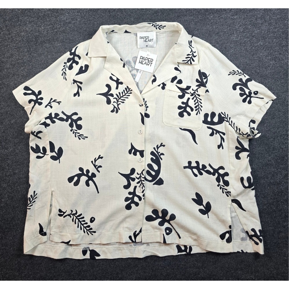 NWT Paper Heart Women's Cream Black Floral Cropped Polo Shirt Oversized Size M